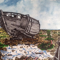 Abandoned boat, Dungeness. Watercolour.