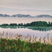 Mist over Loch Leven, Scotland. Watercolour.