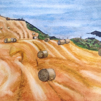 Harvest time, near Dunnottar Castle, Northumberland. Watercolour.