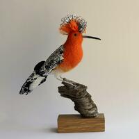 Hoopoe - needlefelted sculpture embellished with fabric and mounted on a wood base