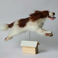 Leaping Willow! - needlefelted commission of an English Springer Spaniel, mounted on a wood kennel