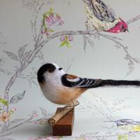 Long Tailed Tit - needlefelted sculpture mounted on a wood base