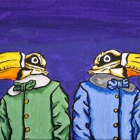 'The Infamous Toucan Twins'. Troublesome twin brothers in green and pale blue matching outfits on a purple background. Acrylic paint on 20 x 30cm canvas. 