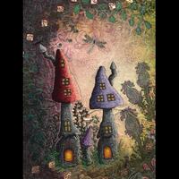 Fantasy Mushroom Houses - painted, stamped, stenciled, bleached velvet with machine stitching