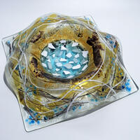 Nest draped vessel, fused glass