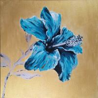 Gold and Blue hibiscus Flower modern painting on canvas, 'Standing proud' 40x40cm