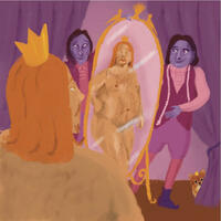 An illustration of the Emperor's New Clothes by Kat Kerr in shades of purple and orange