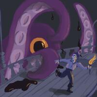 A giant Karen attacks a ship, illustration in purple and orange boy Kat Kerr