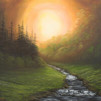 'Sunset Stream' Original Landscape, Oil Painting, 22x18" canvas, glowing sunset and winding stream