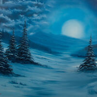 'Blue Winter' Oil Painting, 22x18" canvas, winter scene, rolling hills & storm cloud. 