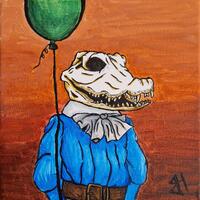 'Little Croc' Happy young boy with his green balloon on an orange background. Acrylic paint on 20 x 20 cm canvas