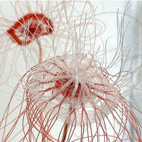Woven sculptural flowers in clear and red repurposed fishing line