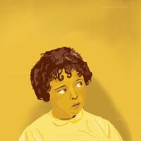 A portrait of a young girl look uncertain drawn in mustard and marmite colours by Kat Kerr
