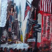 New York street scene acrylic and collage 16x12 inches framed