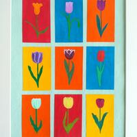 'Nine Tulips' Collage of nine gouache paintings on card.  56cm high by 38cm wide.