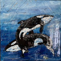 "Orcas" Acrylic drip painting with resin