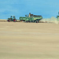 A rectangular image of a wide field with tractor, combine and ensuing dust on the horizon. oil on canvas
