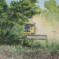 A combine emerging from behind the trees, dusty and hot. Oil on canvas