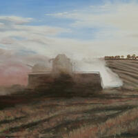 A combine,  leaving wide lines on the landscape after harvesting the wheat, dusty and hot. Oil on canvas