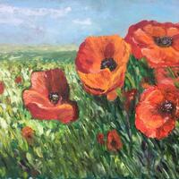 An oil painting or Poppies on 3mm board, 76cm x 51cm, framed in a black frame.  Available without frame.