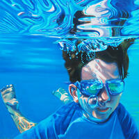 Submerged in blue 2.a boy swimming underwater. Oil on canvas  3ft by 3ft