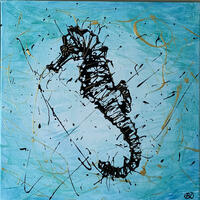 "Shiny Seahorse" Acrylic drip painting with gold foil