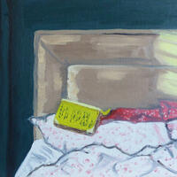 An oil painting of a bedroom with a book lying on the bed
