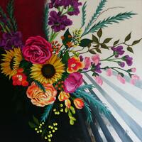 Sun burst, 1m2 acrylic floral painting on deep edged canvas