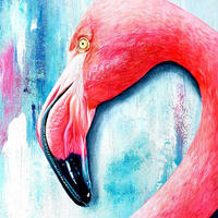 Tickled Pink, Flamingo, Flamingo painting, TPinnington, pink, wildlife art, Bird, Bird art, Blue background, Abstract background, shadow, flamingo looking left