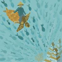 Urashima rides a sea turtle to the depths of the ocean.  Blue an Yellow illustration by Kat Kerr