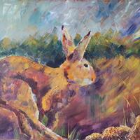 Title: Haring Along (Hare). Acrylic on canvas with some texture in foreground