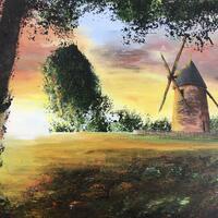 windmill at dusk. acrylic painting, sunset, La Tours, Dordogne