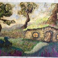 Hobbit House - Mixed Media batik on tissue paper, bleached, inked and painted with acrylics