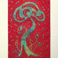 Turquoise Tree on Red - Textile with a collaged printed under-layer of fabric and machine stitch