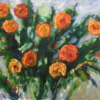 An oil painting of yellow/orange roses on 3mm board, 76cm x 51cm, framed in an off white wooden frame. Available without frame.