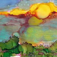 This work is inspired when I was in cornwall on a cliff looking out to sea during a sunset. I have used alcohol inks which gives it unpredictability like nature itself