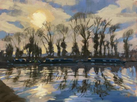 Sun on water/reflections/canals/canal boats/light through trees/blues/evening light/serenenity