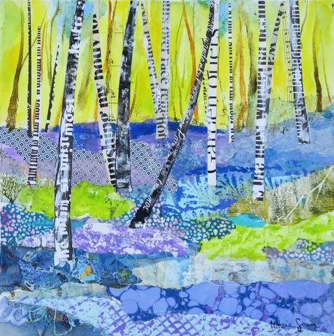 Bluebellwood, acrylic with collage using a variety of textures, hand printed papers and dynamic colours