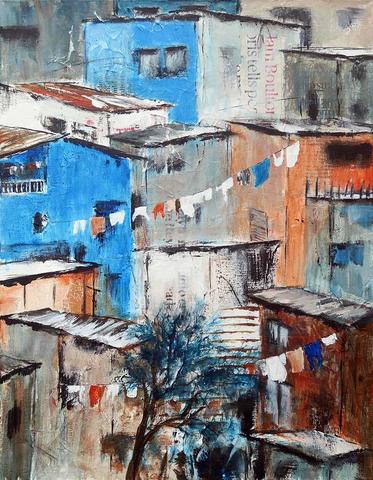 Hillside Town, Acrylics with collage, dynamic colours , harmonious