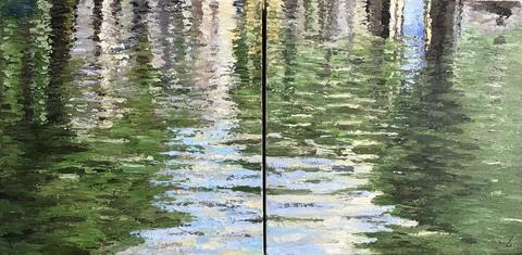 Subtle shades show the pattern of reflections in water; abstracted impressionist inspired acrylic painting