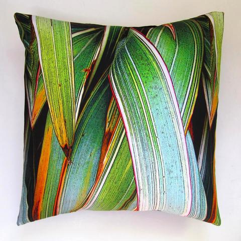 Green Phormium Cushion, digitally printed cotton with a feather pad