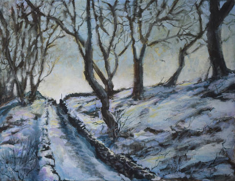 Snowy Snicket	Acrylic on canvas. An old miners track descends through a wintry Yorkshire wood.	46cm x 36cm	£295