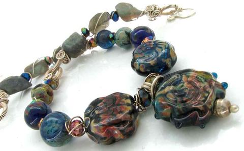 Lampwork glass bead necklace incoporating labadorite stones and silver