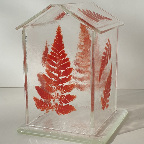 Glasshouse candle holder - Red Fern	Glass Candle/light holder on glass base.	15cm high x 10cm wide x 10cm deep	£45