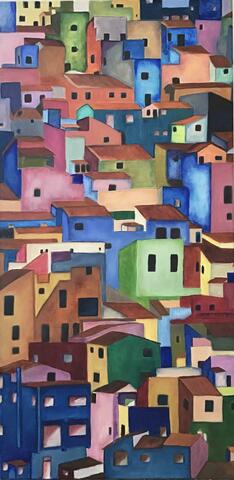 Hillside Houses, colourful painted houses, terracotta roof tiles, Spanish village, oils