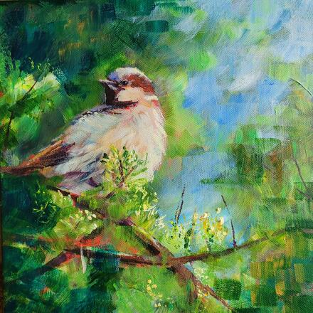 Acrylic on canvas painting of a Sparrow painted in an impressionistic style