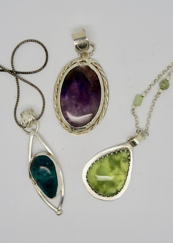 Chrysocolla, Amethyst and Prehnite pendants.