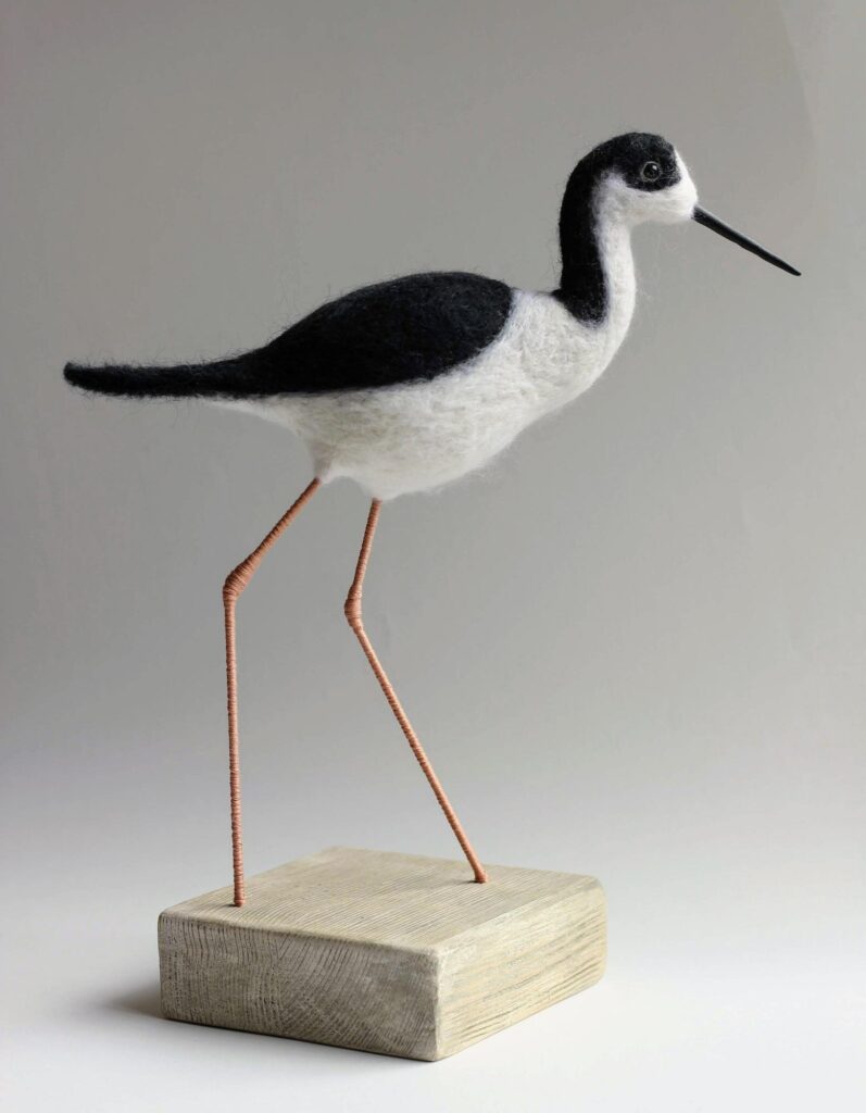 Black Winged Stilt - needlefelted sculpture mounted on a wood base