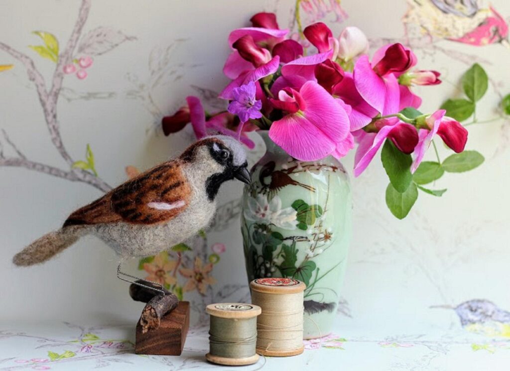 House sparrow - needlefelted with Shetland and Merino wools.