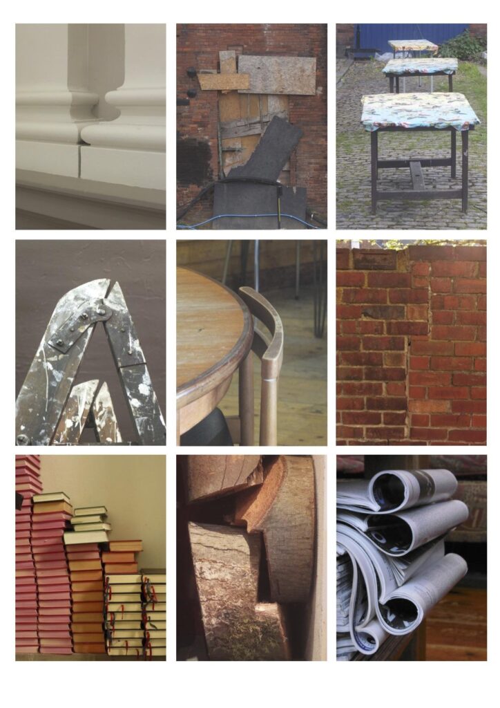 Paper, wood, stone. Panel of photographs